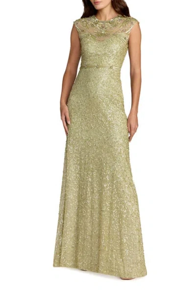 Mac Duggal Embellished High Neck Cap Sleeve Gown In Green