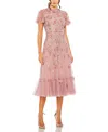 Mac Duggal Sequin Floral Cocktail Midi Dress In Berry