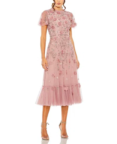 MAC DUGGAL EMBELLISHED HIGH NECK FLORAL APPLIQUE WITH BEADED DETAIL A LINE DRESS