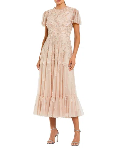 Mac Duggal Embellished High Neck Floral Applique With Beaded Detail A Line Dress In Pink