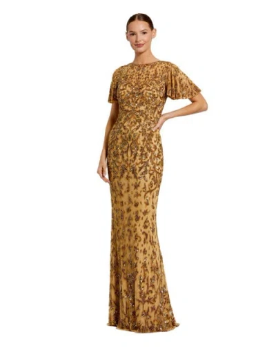 Mac Duggal Embellished High Neck Flutter Sleeve Gown In Gold