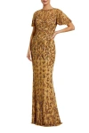 Mac Duggal Embellished High Neck Flutter Sleeve Gown In Gold