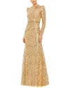 Mac Duggal Sequin Tapestry Long Sleeve Gown In Gold
