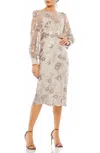Mac Duggal Embellished High Neck Illusion Long Sleeve Midi Dress In Mocha In Multi