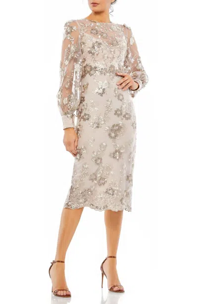 Mac Duggal Embellished High Neck Illusion Long Sleeve Midi Dress In Mocha