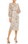Mac Duggal Embellished High Neck Illusion Long Sleeve Midi Dress In Mocha In Mocha