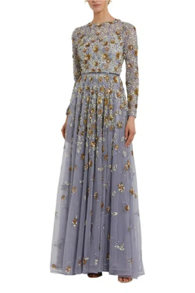 Mac Duggal Embellished High Neck Long Sleeve A Line Gown In Platinum Gold