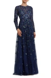 Mac Duggal Embellished High Neck Long Sleeve A-line Gown In Blue