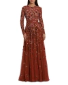 Mac Duggal Embellished High Neck Long Sleeve A-line Gown In Cinnamon
