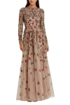 Mac Duggal Embellished High Neck Long Sleeve A Line Gown In Multi
