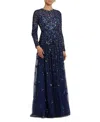 Mac Duggal Embellished High Neck Long Sleeve A-line Gown In Navy