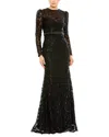 Mac Duggal Embellished High Neck Long Sleeve Gown In Black