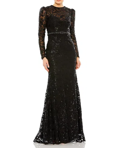 MAC DUGGAL EMBELLISHED HIGH NECK LONG SLEEVE GOWN