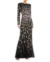 Mac Duggal Embellished High Neck Long Sleeve Gown In Black Multi