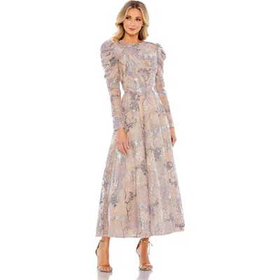 MAC DUGGAL MAC DUGGAL EMBELLISHED HIGH NECK PUFF SLEEVE A-LINE DRESS
