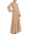 Mac Duggal Embellished High Neck Puff Sleeve Gown In Gold