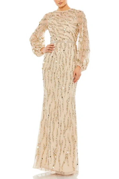Mac Duggal Embellished High Neck Puff Sleeve Trumpet Gown In Nude Gold