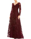 Mac Duggal Embellished Illusion Long Sleeve Beaded Lace Gown In Mahogany