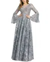 Mac Duggal Embellished Illusion Bell Sleeve A Line Gown In Grey