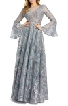 Mac Duggal Embellished Illusion Bell Sleeve A Line Gown In Grey Multi