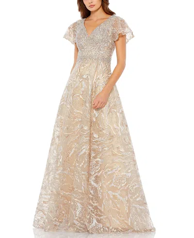 Mac Duggal Embellished Illusion Butterfly Sleeve A-line Gown In Champagne Gold