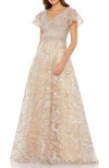 Mac Duggal Embellished Illusion Butterfly Sleeve A-line Gown In Champagne Gold