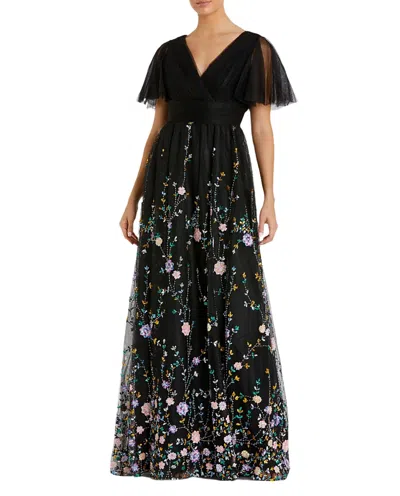 MAC DUGGAL EMBELLISHED ILLUSION BUTTERFLY SLEEVE V NECK GOWN