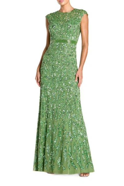Mac Duggal Embellished Illusion Cap Sleeve Column Gown In Green