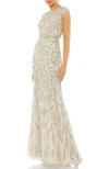 Mac Duggal Embellished Illusion Cap Sleeve Column Gown In Silver Nude