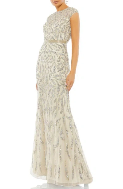 Mac Duggal Embellished Illusion Cap Sleeve Column Gown In Multi