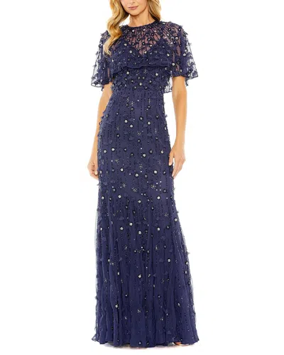 Mac Duggal Embellished Illusion Cape Sleeve Trumpet Gown In Blue