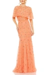 Mac Duggal Embellished Illusion Cape Sleeve Trumpet Gown In Coral