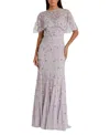 Mac Duggal Embellished Illusion Cape Sleeve Trumpet Gown In Gray