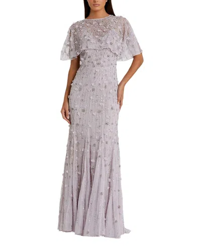 Mac Duggal Embellished Illusion Cape Sleeve Trumpet Gown In Gray