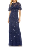 Mac Duggal Embellished Illusion Cape Sleeve Trumpet Gown In Midnight