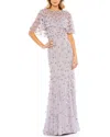 Mac Duggal Embellished Illusion Cape Sleeve Trumpet Gown In Purple