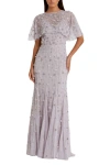 Mac Duggal Embellished Illusion Cape Sleeve Trumpet Gown In Vintage Lilac