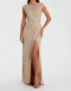 Mac Duggal Embellished Illusion High Neck Cap Sleeve Gown In Nude