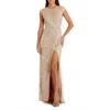 Mac Duggal Embellished Illusion High Neck Cap Sleeve Gown In Nude