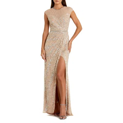 Mac Duggal Embellished Illusion High Neck Cap Sleeve Gown In Nude