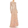 Mac Duggal Embellished Illusion High Neck Long Sleeve A Line Gown In Blush
