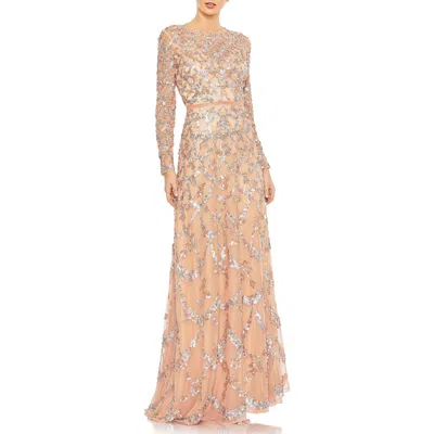 Mac Duggal Embellished Illusion High Neck Long Sleeve A Line Gown In Blush