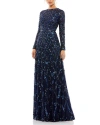 Mac Duggal Embellished Illusion High Neck Long Sleeve A Line Gown In Midnight