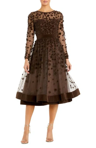 Mac Duggal Embellished Illusion High Neck Long Sleeve Fit & Flare In Brown