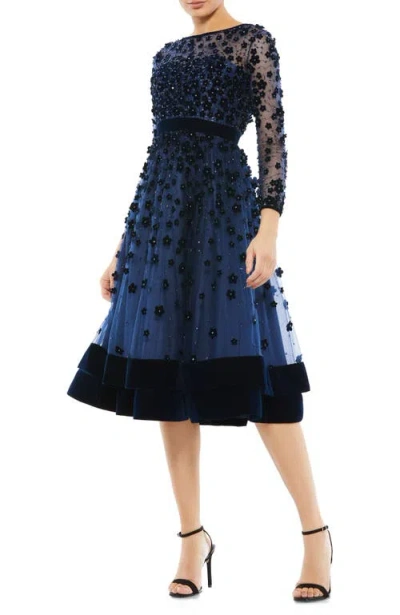 MAC DUGGAL MAC DUGGAL EMBELLISHED ILLUSION HIGH NECK LONG SLEEVE FIT & FLARE