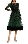 Mac Duggal Sheer Long Sleeve A Line Short Dress In Green