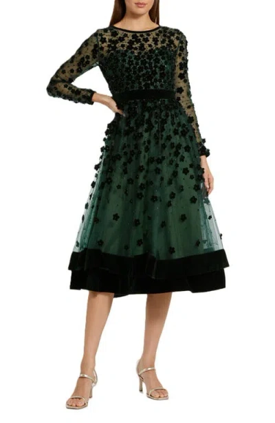 Mac Duggal Sheer Long Sleeve A Line Short Dress In Green