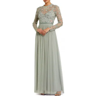Mac Duggal Embellished Illusion High Neck Long Sleeve Gown In Green