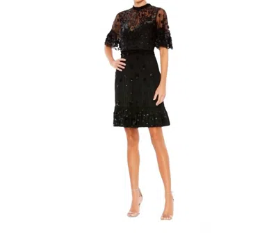 Mac Duggal Embellished Illusion High Neck Mini Dress In Black
