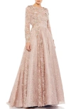 Mac Duggal Embellished Illusion Long Sleeve A Line Gown In Pink